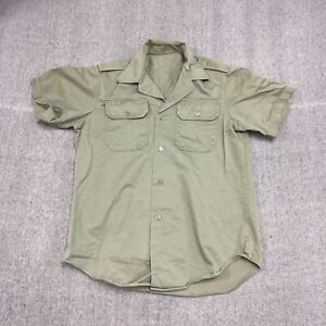 Vintage Khaki US Army Button Up Shirt Mens Medium Beige 1950s Short Sleeve