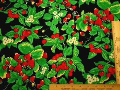 Hoffman Fabric Short Yard Red Strawberries Cherries Green Leaf Black Cotton Vtg - Image 1 of 2