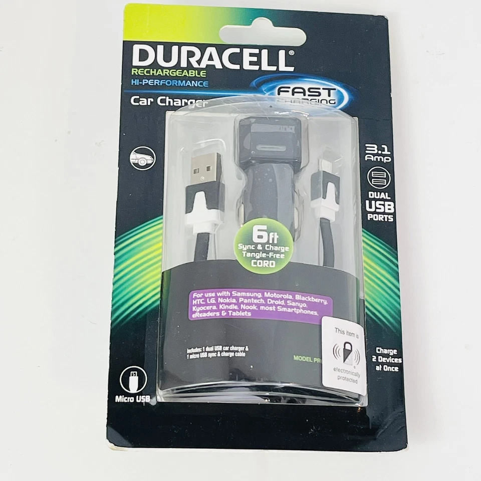 Cargador de coche Duracell - Cable de sincronización y carga de 6 pies - Puertos USB dobles de 3,1 amperios - NUEVO Foto 1 de 2