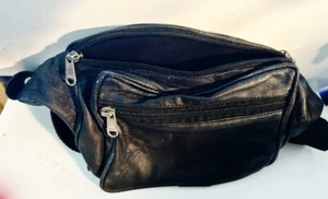 Black Leather Fanny Pack Women 3 Zippers Soft - Imagen 1 de 4