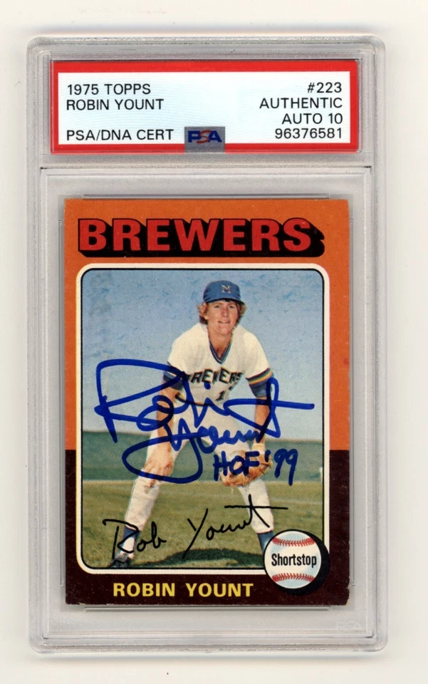Robin Yount 1975 Topps #223 Rookie RC con patio 99 Insc firmado PSA 10 Auto Brewers Foto 1 de 1