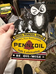 Porcelain Pennzoil with owls sign - Picture 1 of 7