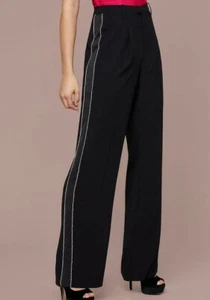 $139 NWT BEBE Sz4 RHINESTONE WIDE LEG TUX PLEATED CREPE PANT JET BLACK - Picture 1 of 5