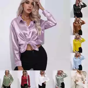 Womens Satin Silk Solid Shirt Ladies Casual Baggy Button-Up Ol Work Blouse Tops - Picture 1 of 34