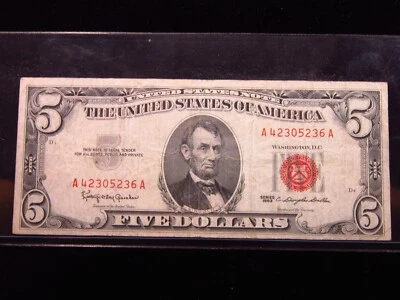 USA $5 1963 A42305236A # UNITED STATES Note RED Seal LINCOLN Bill Dollar Money - Image 1 of 2