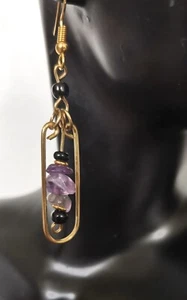 Handcrafted Statement Brass Earrings, Teardrop Bead Stone Crystal Dangle Drop - Picture 1 of 6