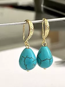 December Birth Stone, Turquoise Gemstone Drop Dangle Earrings 18K Gold Plated - Picture 1 of 3