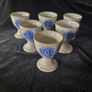 Set Of 6 Vintage Egg Cups, Porcelain W/Gold Rim, Blue Transfer - Picture 1 of 10