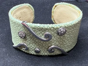 VINTAGE DESIGNER ANGELIQUE PARIS GALUCHAT STERLING SILVER CUFF BRACELET Leather - Picture 1 of 5