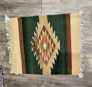 Hand Woven Wool Small Table Mat Rug Aztec Southwest Design 17x19 Green Tan - Picture 1 of 14