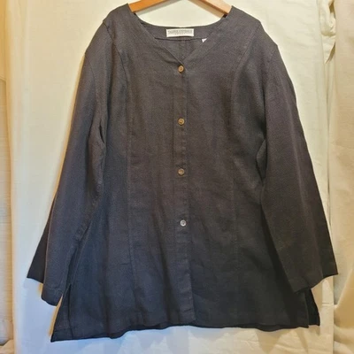 Туника на пуговицах Valerie Stevens 2X льняная смесь топ с длинным рукавом черная - Изображение 1 из 4