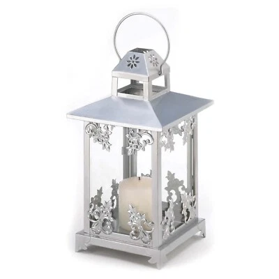 HOME LIGHTING DECOR SILVER SCROLLWORK CANDLE LANTERN IRON GLASS - Image 1 of 3