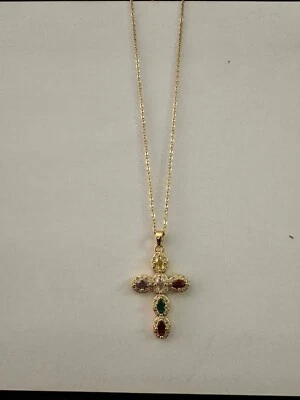 collana con ciondolo rodiato croce con zirconi multicolor - Immagine 1 di 4