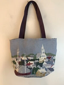 Vintage Blue Beach Harbor Town Sail Boats Tapestry Bag 14 inch - Picture 1 of 3