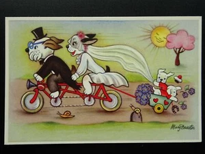 Künstler gezeichnete süße kleine gekleidete Hunde auf TANDEM von Mary Daester ca. 1920er Postkarte - Bild 1 von 2