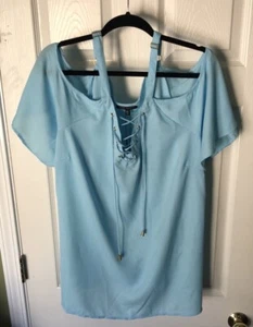 NWT New Glory Blouse Pastel Blue Women’s 3X Cold Shoulder Lace Up Short Sleeve - Picture 1 of 7