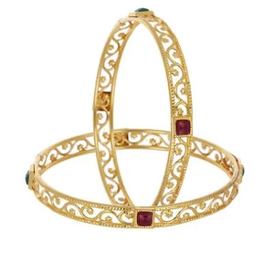 Gold Plated Square Shaped Red Green Stone Bangles Bracelet For Women 2 Pcs - Picture 1 of 11