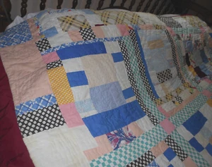 Vintage Handmade Patchwork Assorted Square Quilt White Ticking Backing 75"x75" - Picture 1 of 23