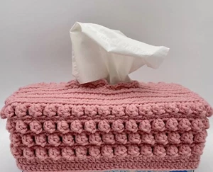 Crocheted Pink Tissue Box Cover Long Handmade Dots Grannycore Cottage Girl Decor - Picture 1 of 5