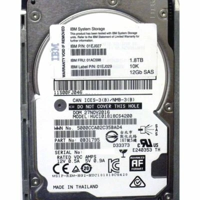 01AC598 IBM HARD DRIVE 1.8TB 10K 12G SAS 2.5 SFF FOR STOREWIZE V5000 G1 G2 - Image 1 of 4