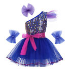 Kids Girls Jazz Dancewear Costume Outfit One-Shoulder Sparkly Sequins Mesh Dress