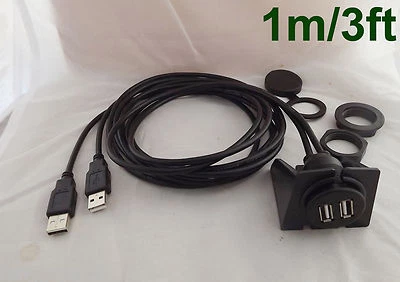 Car Dashboard Flush Mount Dual USB 2.0 A Male To 2x Female Extension Cable 3ft - Image 1 of 4