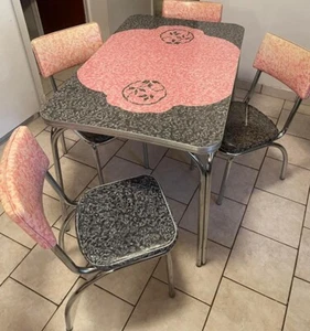 Chrome & Formica Table 4 Chairs Rare Pink And Charcoal Grey - Black Mid Century - Picture 1 of 23