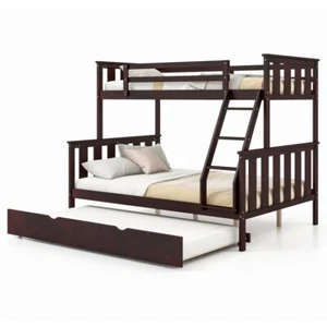 3-in-1 Twin Over Full Bunk Bed Frame Wooden Bed Platform Home W/ Trundle &Ladder - Picture 1 of 14