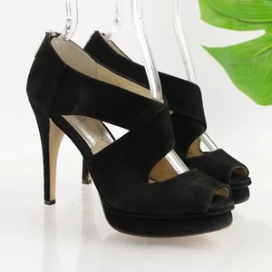 Michael Kors Women's Elena Sandal Size 7.5 Black Suede Platform Heels Peep Toe - Picture 1 of 14