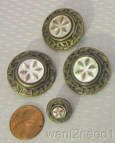 antique French brass CARVED MOTHER OF PEARL BUTTON SET domed large 28mm & 15mm Cover