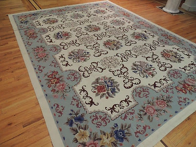 Alfombra oriental 9x12 French Aubusson punta de aguja azul beige púrpura floral  Foto 1 de 4