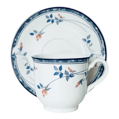 Juego de tazas y platillos Noritake EASTFAIR 9171 Keltcraft melocotón florales banda azul Foto 1 de 4