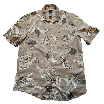 H&M Hawaiian Shirt Mens Medium Tan Neutral Floral Tropical Casual Summer Beach - Image 1 of 4