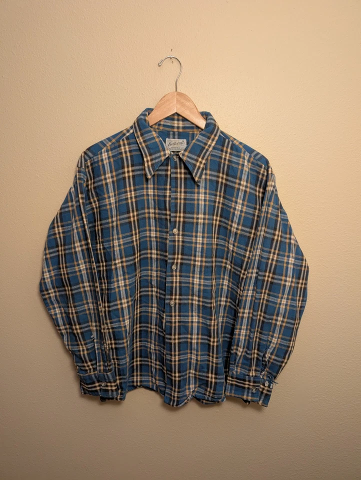 Verdadero Vintage Años 60/70 Bellcraft Abotonado Franela Amarilla y Azul Talla XL Foto 1 de 4