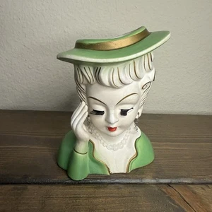 Vintage Lady Head Vase Green Hat & Dress Hair Earrings TILSO Japan 5” *Flaw - Picture 1 of 10