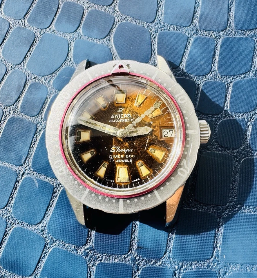 Reloj para hombre Enicar Sherpa Diver 600 esfera tropical marrón vintage 36 mm Cal AR 1145 Foto 1 de 1