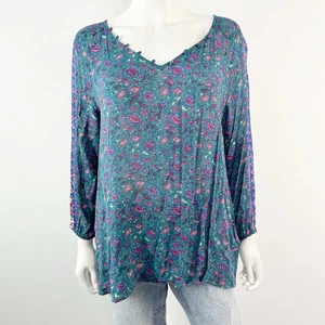 Lucky Brand Blue Floral Blouse Top Size M Long Sleeve Casual Boho Summer - Picture 1 of 12