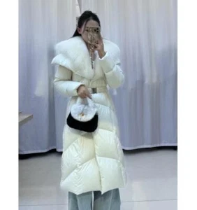 Womens 2024 Fashion Big Fox Fur Collar Belt Padded Down Long Jacket Overcoat 064 - Picture 1 of 10