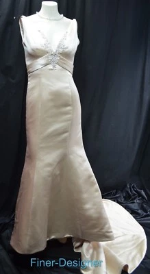 DEMETRIOS BEADED TRUMPET Wedding bridal dress champagne satin sleeveless 10 NEW - Image 1 of 4