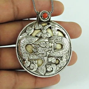 Donna Regalo Naturale Corallo Pietra Bohemien Ciondolo 925 Argento Sterling V51 - Foto 1 di 6