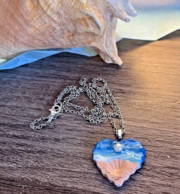 HANDCRAFTED HEART CLAY PENDANT, BEACHY -24”, GIFT HEART, OCEAN, NAUTICAL - Image 1 of 4