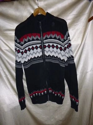 Suéter Chaps Para Hombres Mediano Fair Isle Cremallera Completa Rojo Lodge Negro Algodón Tejido Cárdigan Foto 1 de 4