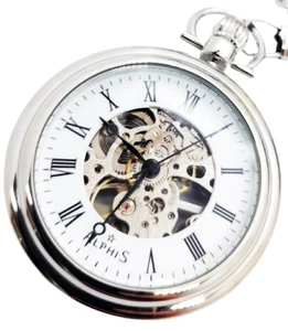 Alphis Schweizer Taschenuhr Skelettstahl mit Sockel + Kette - Bild 1 von 6