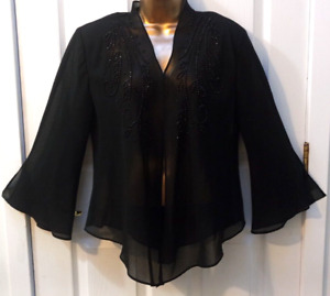 R&M Richards Black See Through Beaded Open Front 14P Cardigan Butterfly Jacket