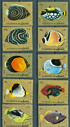 Tropical Fish Stamps Fujeira Complete Set of Ten Different Colorful Topicals CTO Cover