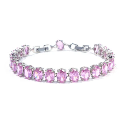 Nuevo Brazalete Corte Ovalado Dije Color Rosa Topacio Piedras Preciosas Moda Plateado Mujeres Niña Foto 1 de 4