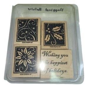 Stampin Up Happiest of Holidays 2004 Wood Mount Stamp Set of 4 Christmas - Picture 1 of 6