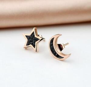 Titanium S.Steel Black Star Moon Rose Gold Pave Cubic Zirconia Stud Earrings