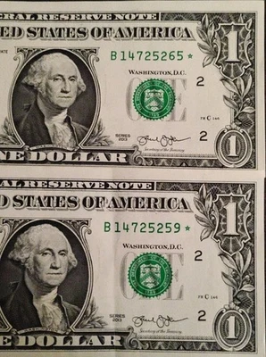 Lot of 2) UNC Consecutive $1 B Series 2013 Dollar Star Note ⭐ Low SERIAL NUMBER - Image 1 of 4