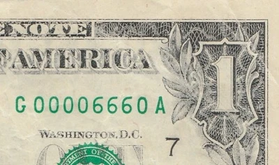 BILLETE BINARIO FANCY DEVIL (666) | Años 0 y 6 | Billete de $1 de reserva 1988A | G 00006660 A Foto 1 de 3